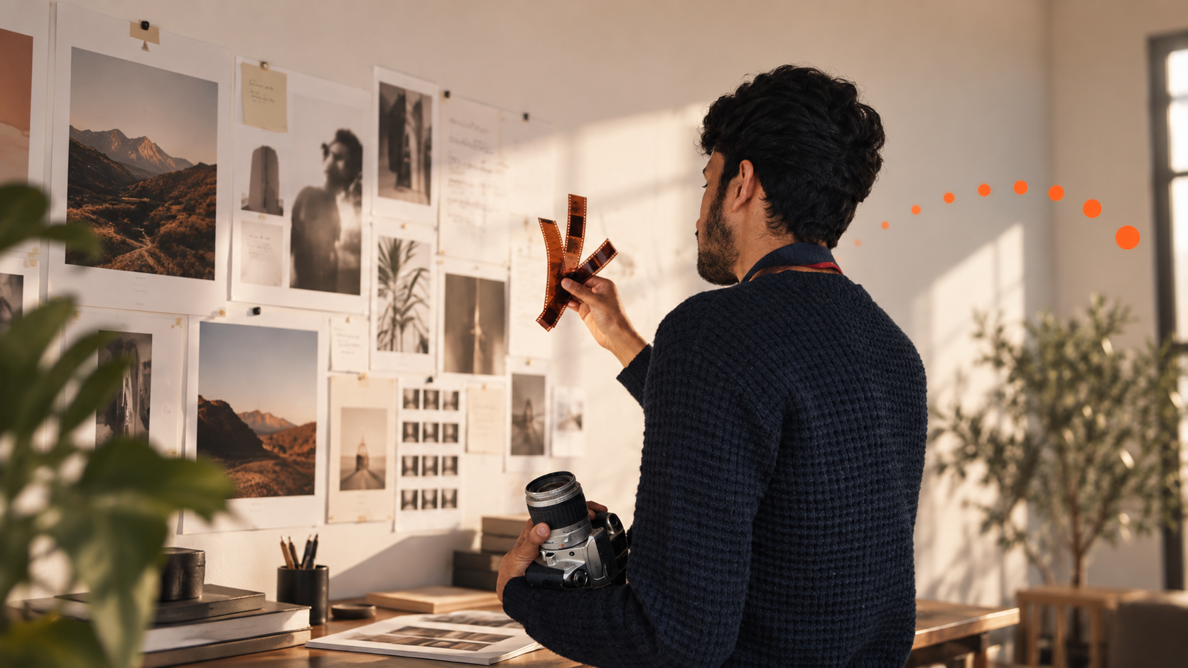 A creative director in a warm studio reviewing film negatives and a campaign mood board while holding a camera.