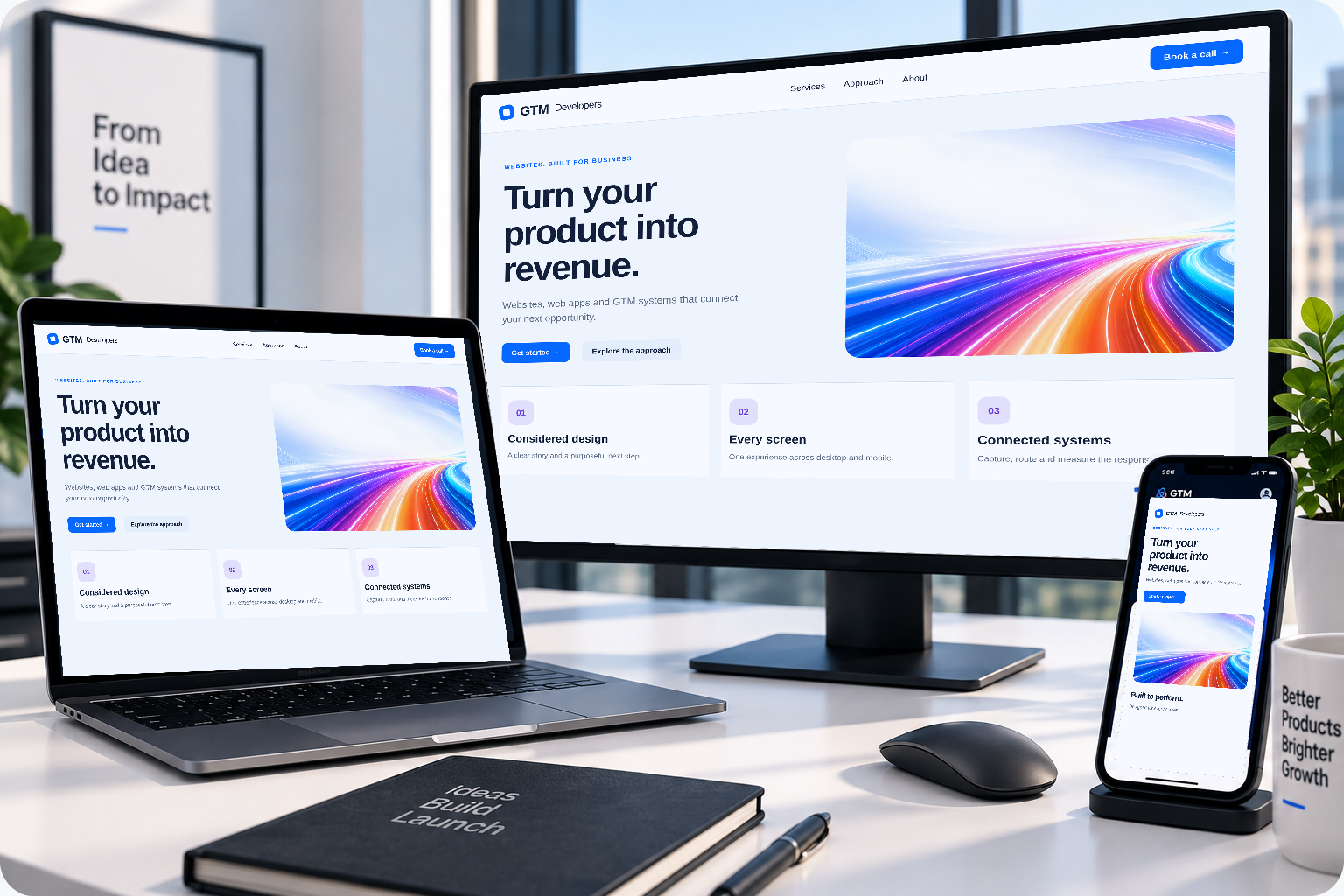 Illustrative website design shown consistently across a desktop monitor, laptop and mobile phone.