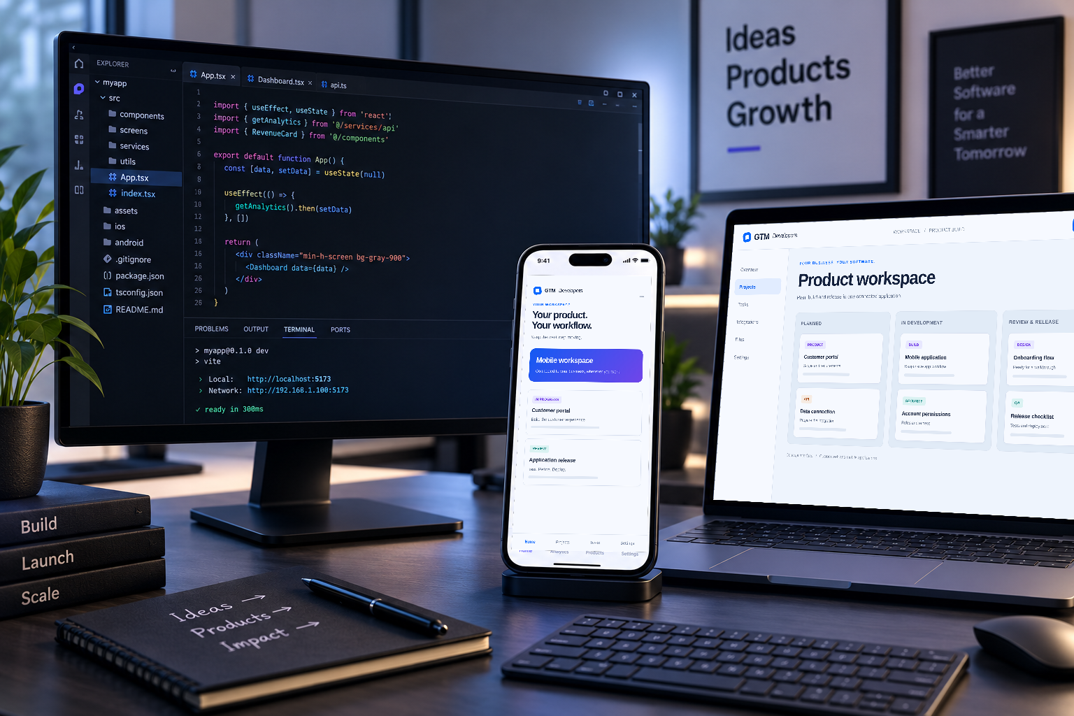 Illustrative custom software development workspace with a code editor, a custom web application and a mobile app.