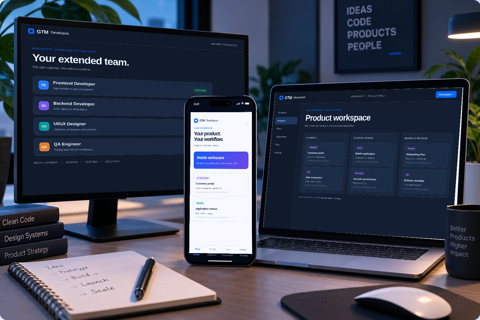 Illustrative dedicated-team workspace showing frontend, backend, UI and UX, and QA roles connected to a product delivery board.