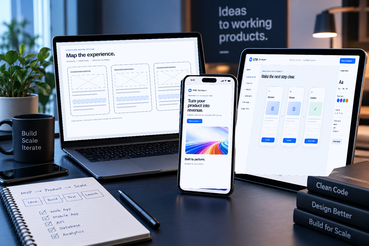 Illustrative UI and UX design workspace showing wireframes, connected prototype screens and a design system.